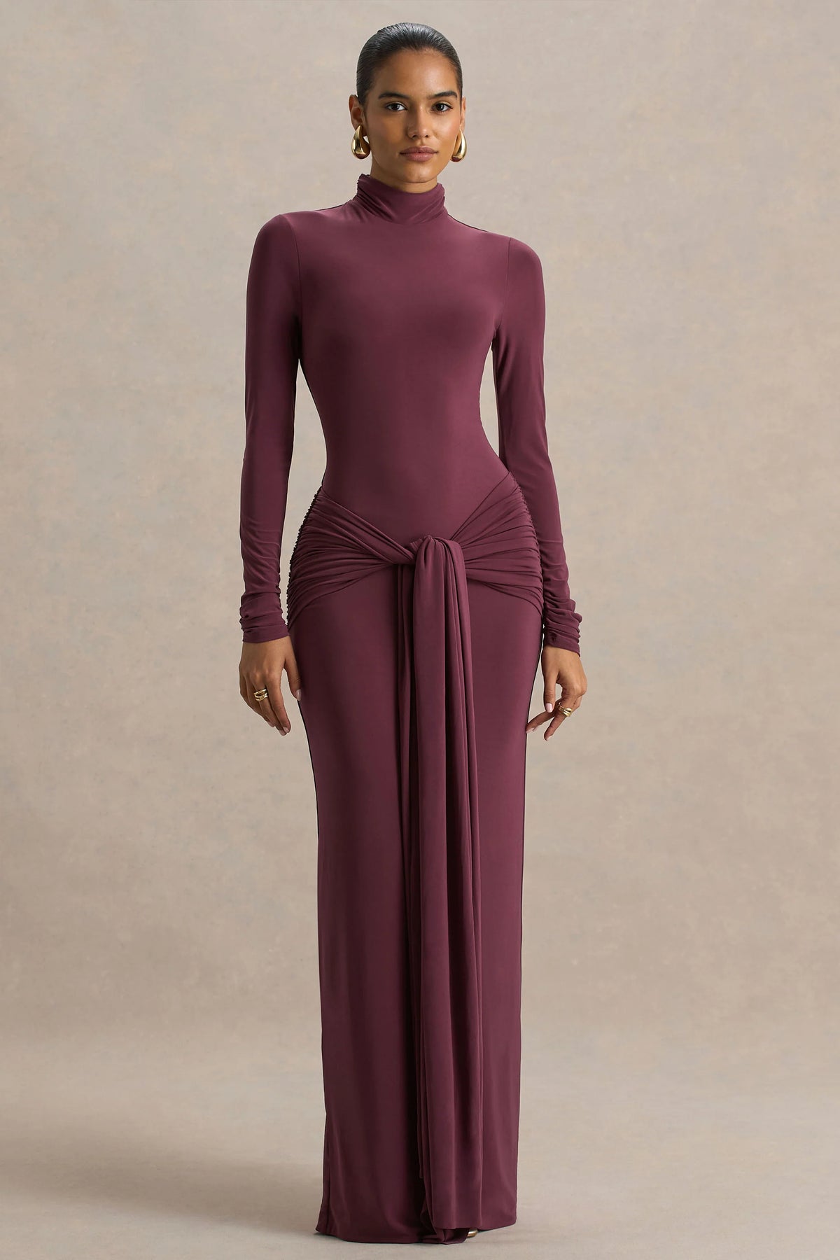 Myra | Burgundy High-Neck Maxi Dress With Sash and Ruched Detailing