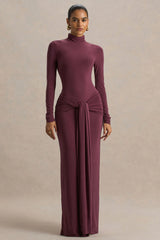 Myra | Burgundy High-Neck Maxi Dress With Sash and Ruched Detailing