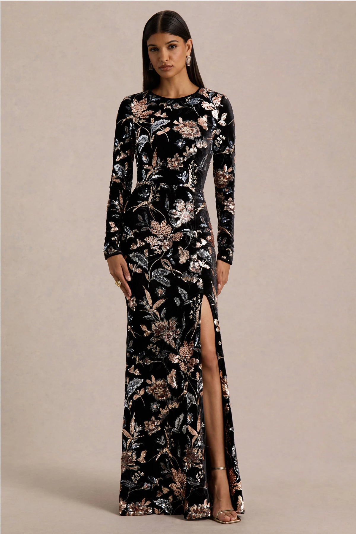Lyric | Black Floral Velvet And Sequin Embellished Crew-Neck Maxi Dress