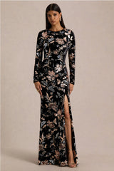 Lyric | Black Floral Velvet And Sequin Embellished Crew-Neck Maxi Dress