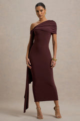 Praia | Burgundy Asymmetric-Neck Midi Dress With Sash and Draped Detailing