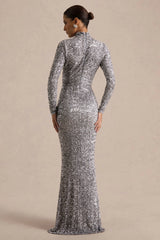 Galaxy | Silver Sequin Turtle-Neck Long-Sleeve Maxi Dress