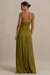 Azalea | Green Square-Neck Maxi Dress With Chest Cut-Out And Pleated Detailing