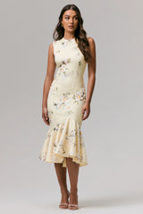 Priceless | Lemon Print Crew-Neck Fishtail Midi Dress