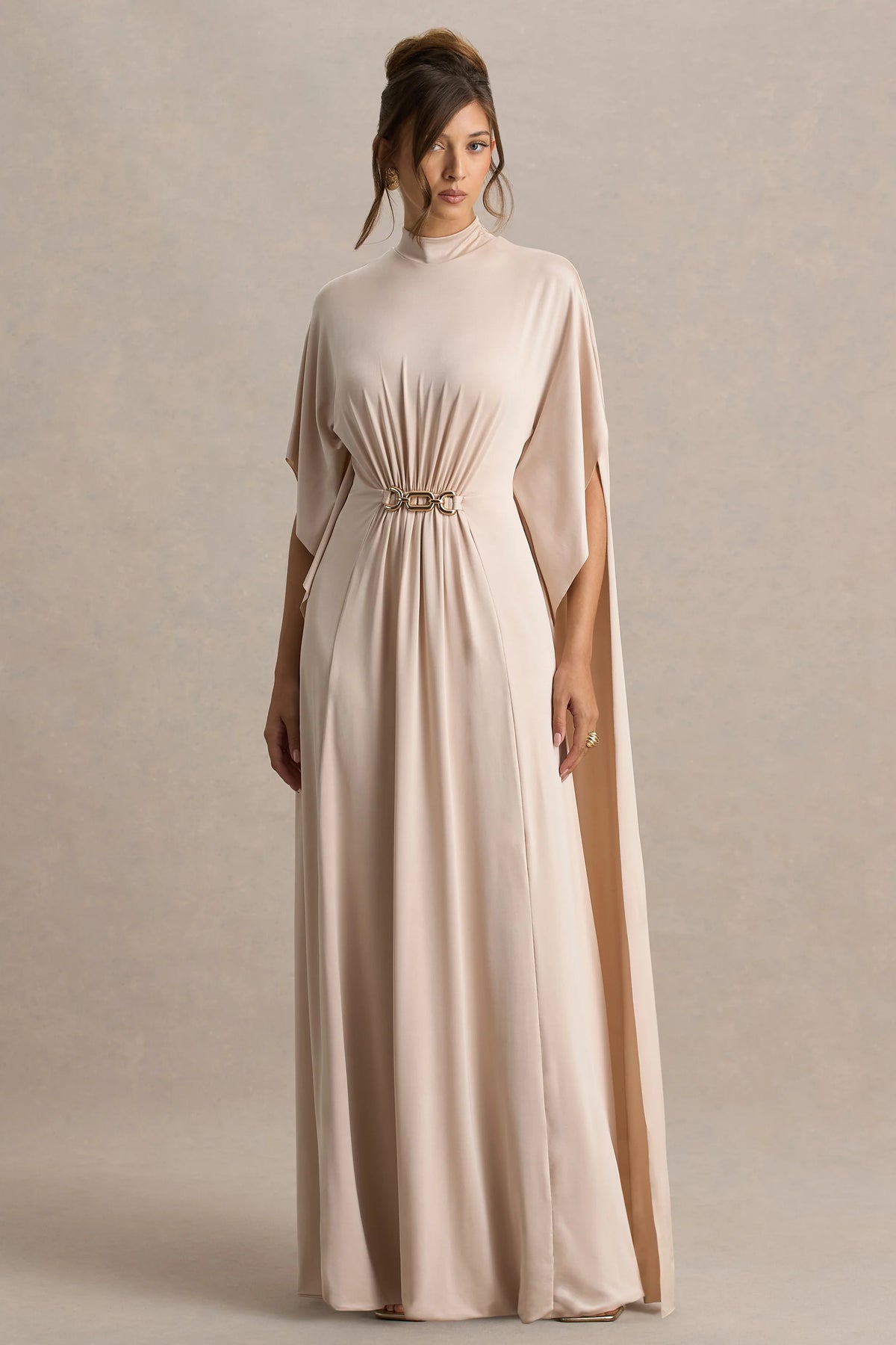 Olessia | Champagne Belted Gathered Cape-Sleeve Maxi Dress