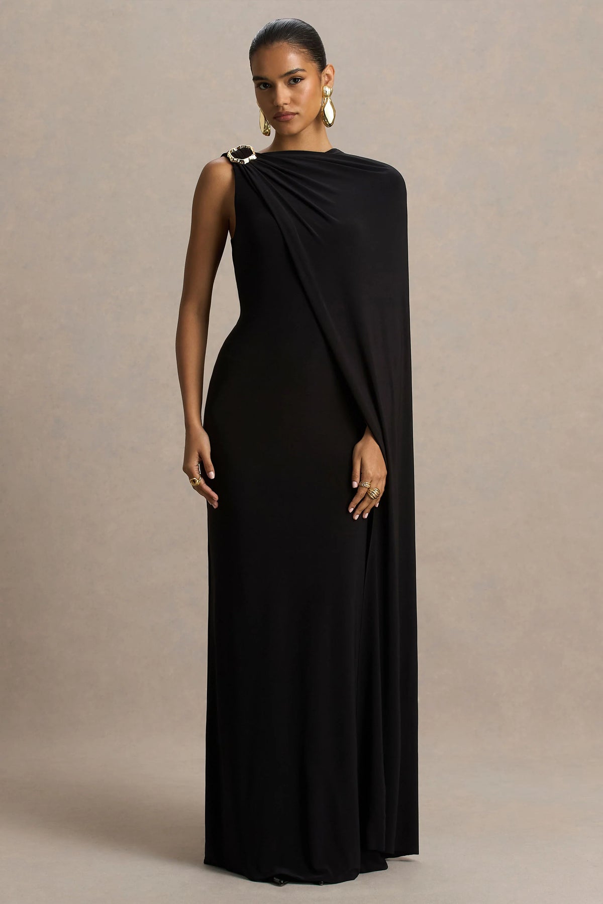 Cressida | Black Asymmetric-Neck Maxi Dress With Cape And Gold Detail