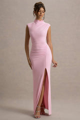 Lanetta | Pink Ruched High-Neck Maxi Dress With Split