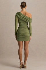 Gina | Olive Asymmetric-Neck Ruched Mini Dress