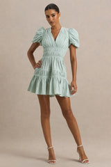 Laurelle | Green Extreme Plunge-Neck Mini Dress With Ruffling Detail