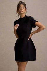 Carabella | Black High-Neck Short-Sleeve Mini Dress