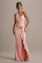 Lucena | Pink Cowl-Neck Wrap Maxi Dress With Floral Drape