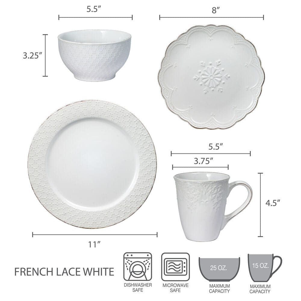French Lace White 16 Piece Dinnerware Set Service for 4