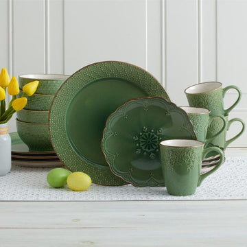 French Lace Green 16 Piece Dinnerware Set Service for 4