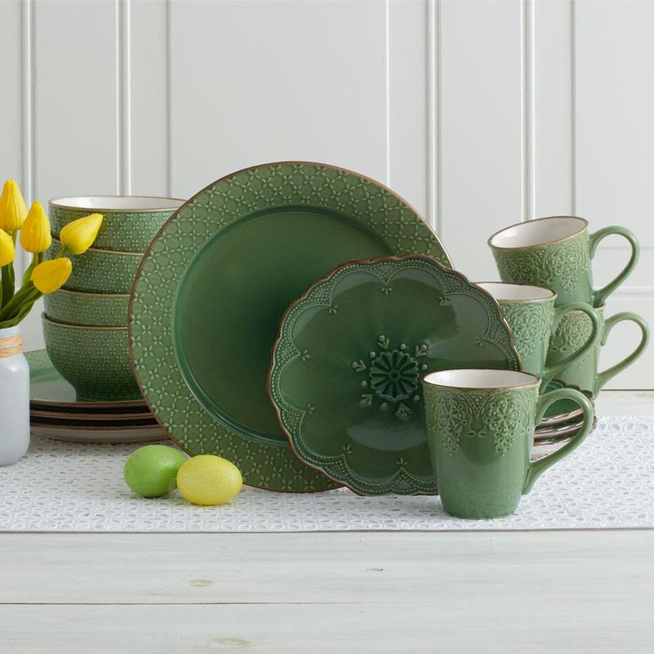 French Lace Green 16 Piece Dinnerware Set Service for 4