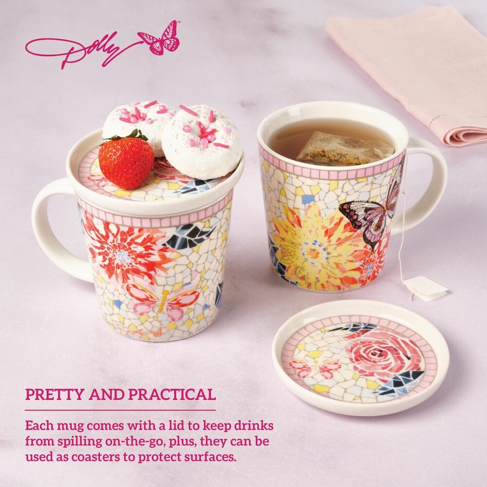 Dolly Parton Mosaic Set of 2 Mugs with Lid Coaster