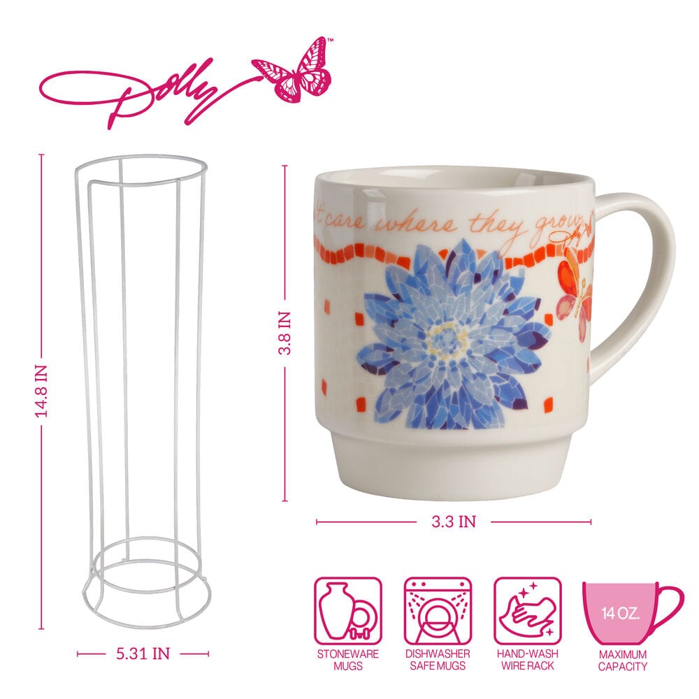 Dolly Parton Mosaic Floral Set of 4 Mugs with Rack