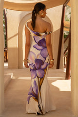 Exotic | Purple Placement Floral Asymmetric Maxi Dress