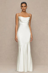 Maelia | Cream Satin Cowl-Neck Maxi Dress With Diamante Straps