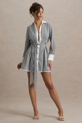 Beatriz | Grey Linen Pinstripe Mini Shirt Dress
