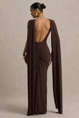 Premiere | Brown Boat-Neck Maxi Dress With Cape Sleeves And Open-Back