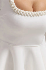 Wilder | White Embellished Square-Neck Long-Sleeve Skater Mini Dress