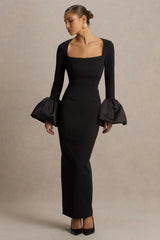 Retreat | Black Square-Neck Maxi Dress With Satin Puff-Sleeves