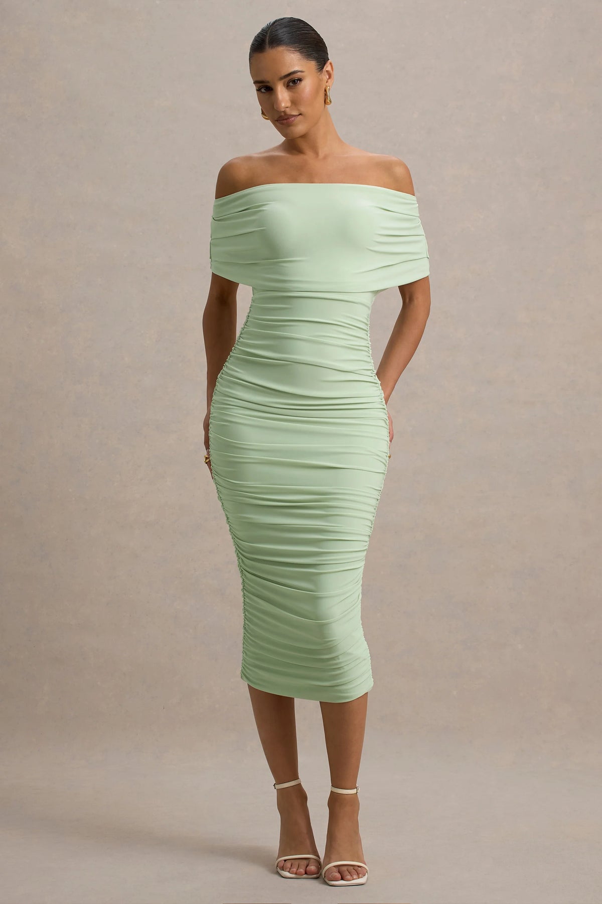 Rayleigh | Light Green Bardot Ruched Midi Dress