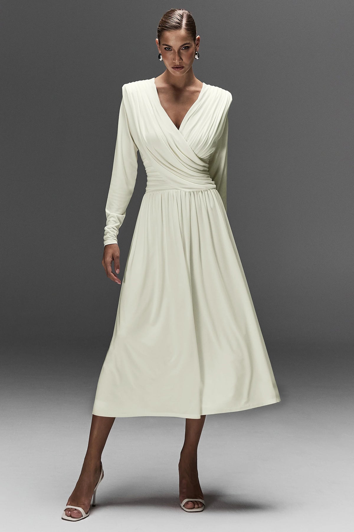 Alexis | Cream Plunge-Neck Midi Dress With Draped And Ruched Detailing