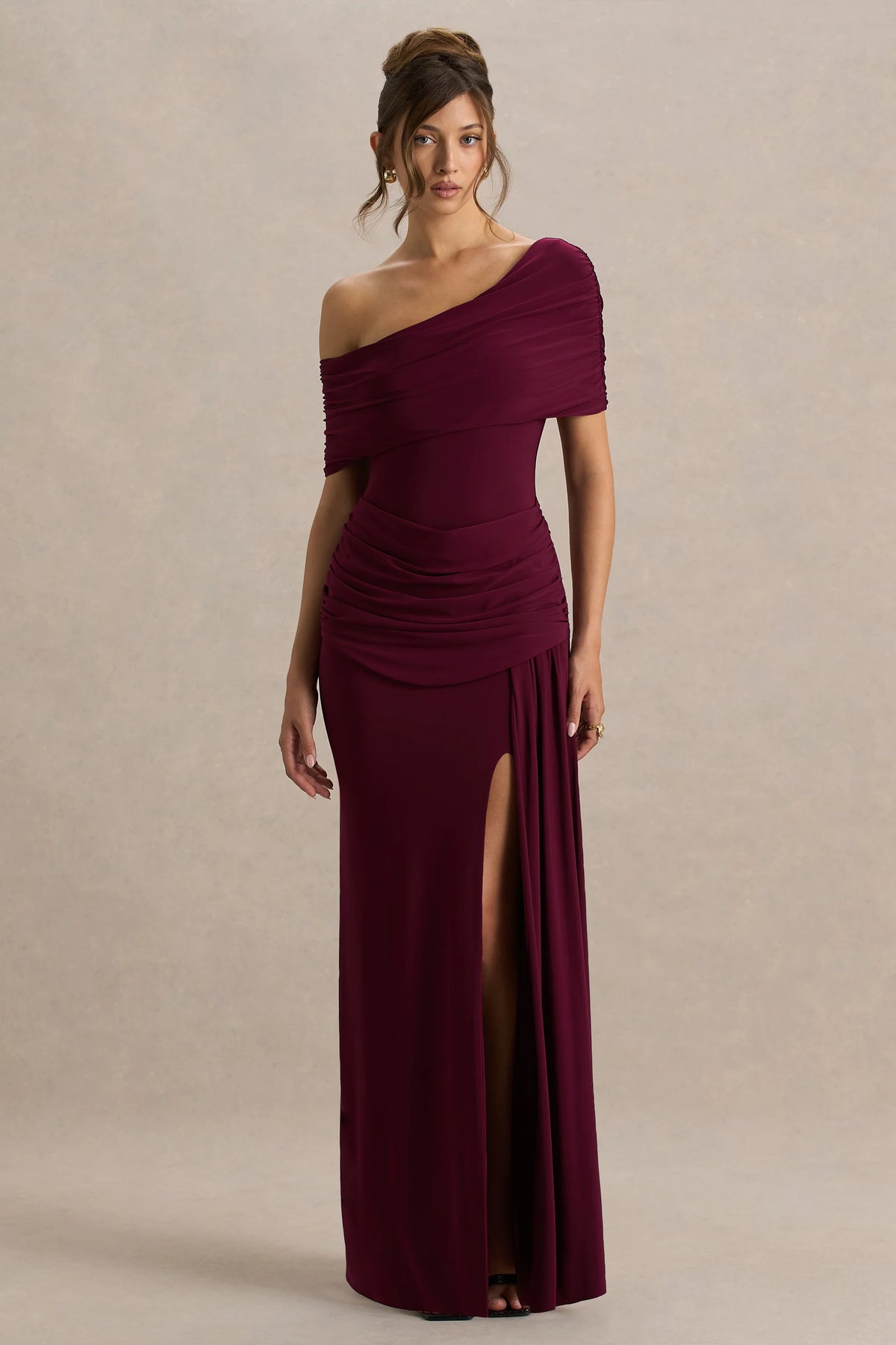 Dynasty | Burgundy Asymmetric-Neck Maxi Dress With Ruched Detailing And Front High-Split