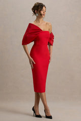 Lucille | Red Asymmetric Bardot Midi Dress With Bow Detail