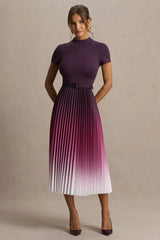 Libby | Burgundy Ombre Woven High-Neck Midi Dress With Pleated Detailing