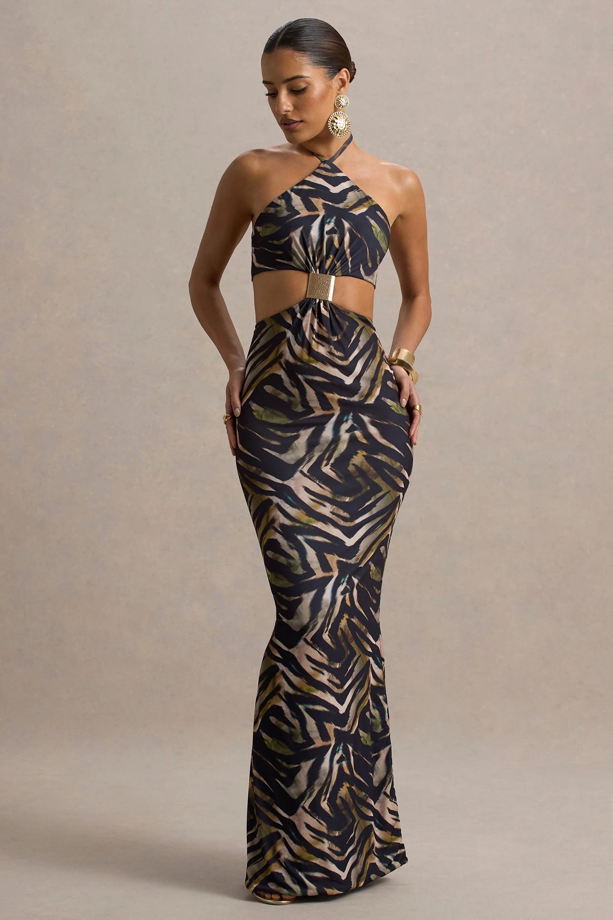 Olina | Zebra Print Halter-Neck Cut-Out Maxi Dress