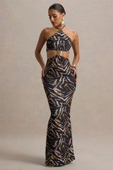 Olina | Zebra Print Halter-Neck Cut-Out Maxi Dress