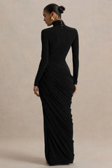 Betsy | Black High-Neck Maxi Dress With Front Split And Ruched Detailing
