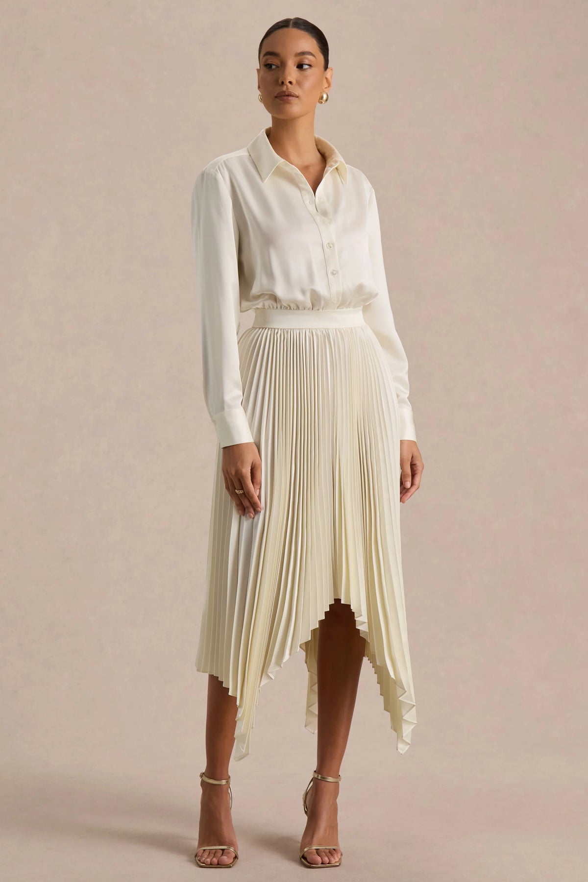 Naxos | Cream Satin Shirt Maxi Dress With Pleated Skirt