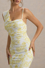 Sitara | Lemon Porcelain Print Cowl-Neck Maxi Dress With Asymmetric Skirt