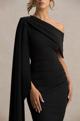 Leah | Black Asymmetric-Neck Midi Dress With Cape-Sleeve
