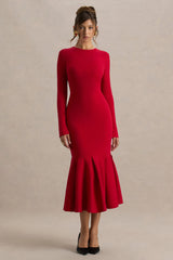 Liberty | Red High Neck Mermaid Midi Dress With Ruffling Detail