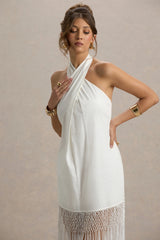 Fiametta | Ecru Linen Halter-Neck Fringe Maxi Dress