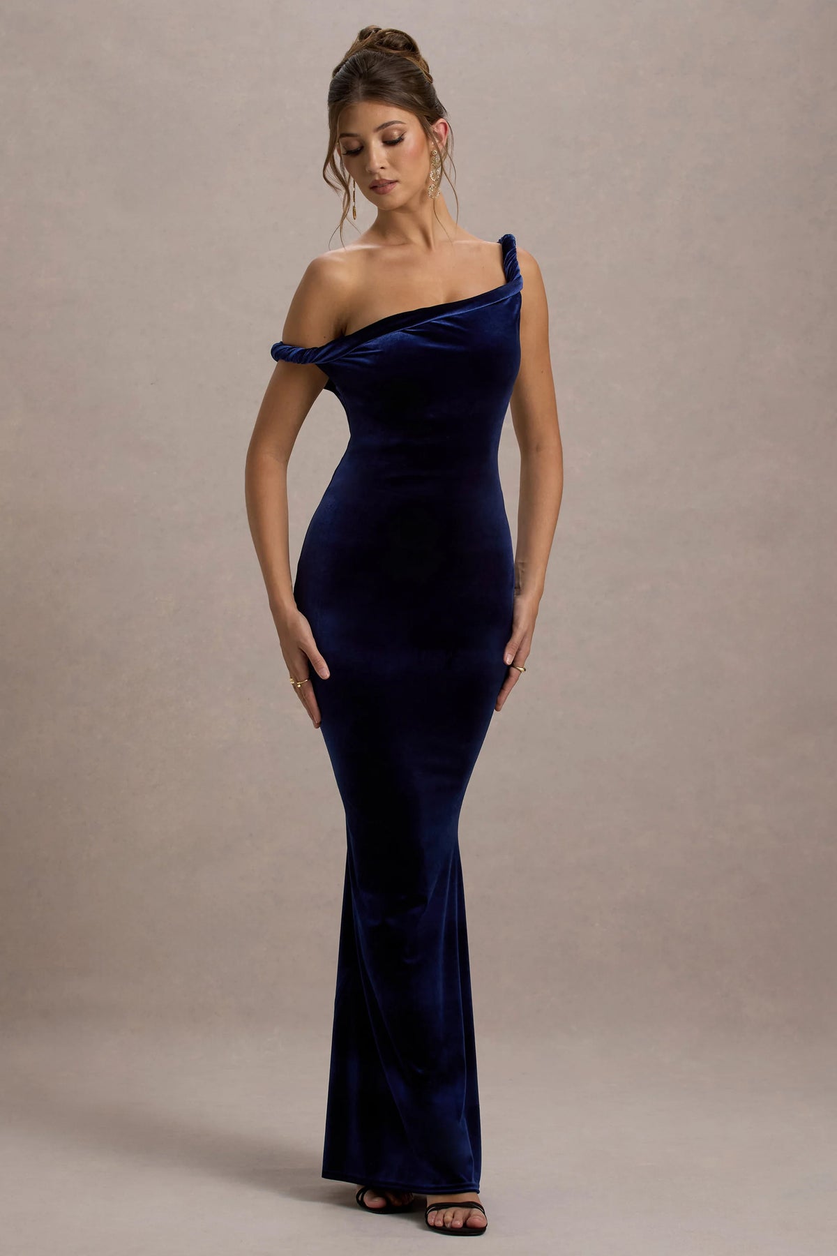 Neeka | Navy Velvet Twisted Asymmetric Maxi Dress