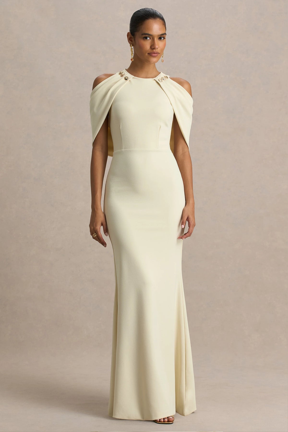 Yulia | Sand High-Neck Maxi Dress With Cape Sleeves