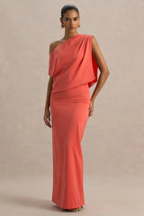 Ronnie | Coral Satin Asymmetric-Neck Maxi Dress With Draping Detail