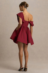 Verona | Burgundy  Draped Asymmetric-Neck Skater Mini Dress