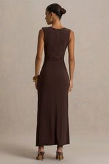 Fiora | Brown Wide-Neck Maxi Dress With Gathered Detail