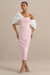 Lucille | Rose & Pink Asymmetric Bardot Midi Dress With Bow Detail