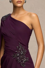 Solace | Dark Plum Asymmetric-Neck Maxi Dress With Front-High Split