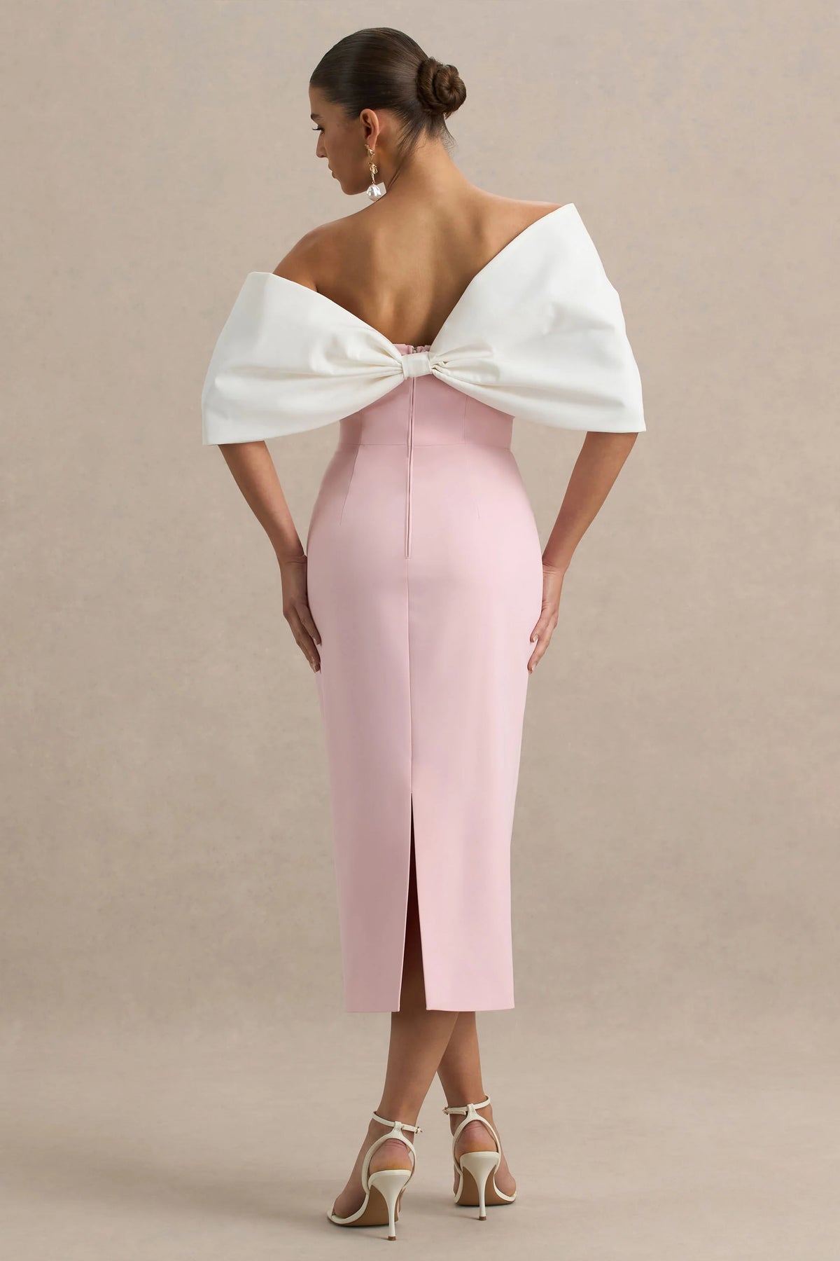 Lucille | Rose & Pink Asymmetric Bardot Midi Dress With Bow Detail