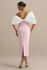 Lucille | Rose & Pink Asymmetric Bardot Midi Dress With Bow Detail