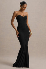 Talisa | Black Bandeau Ruched Maxi Dress With Mesh Fishtail