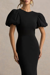 Carolina | Black Puff-Sleeve Maxi Dress With White Bow Detail
